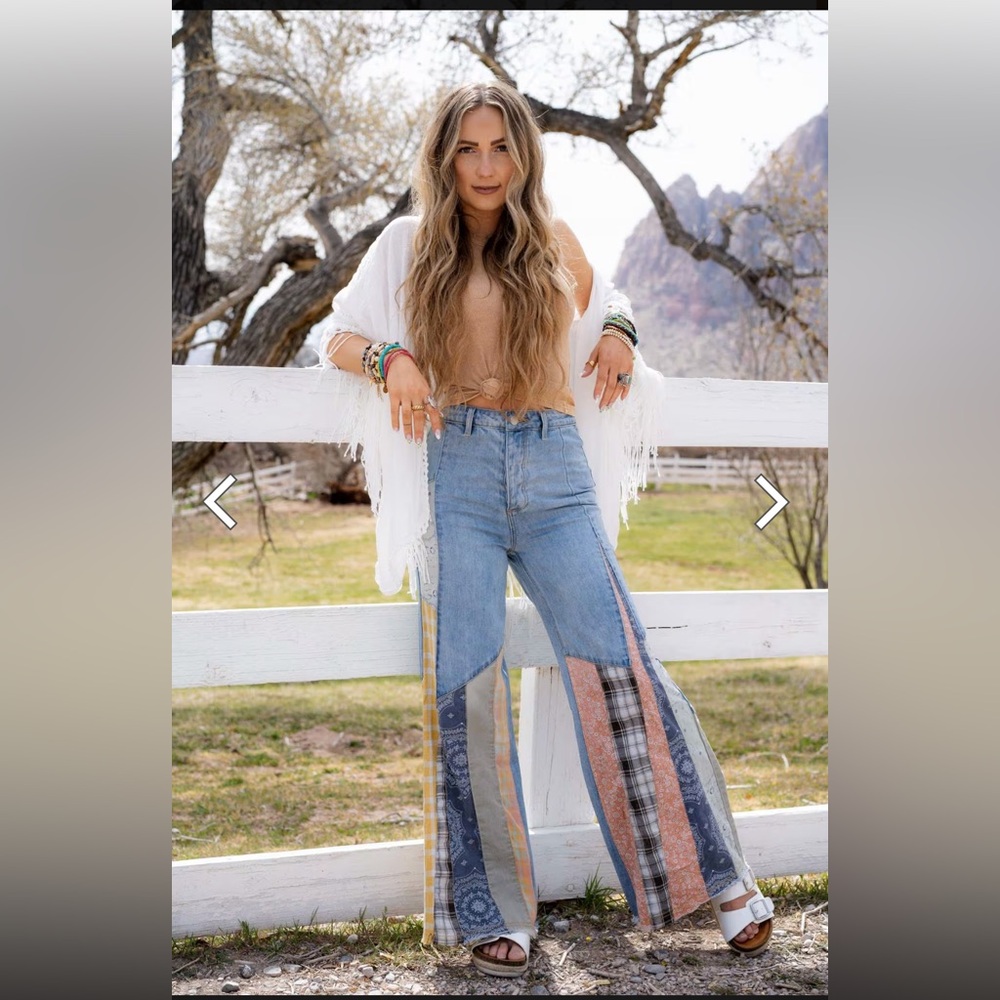 High-Rise Patchwork Wide-Leg Women’s Jeans Denim S Light Blue Three Bird Nest